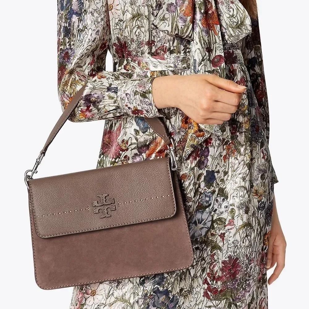 NWT Tory Burch McGraw Shoulder Crossbody Bag Mixed Leather Suede Silver Maple